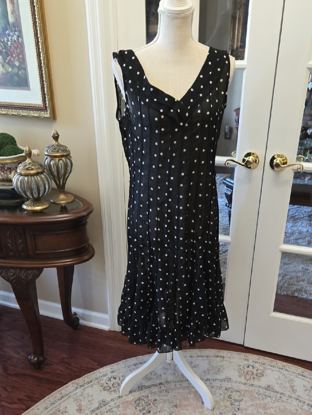 Sandra Darren Black White Polka Dot Sleeveless Midi Dress SemiSheer VNeck 12 EUC